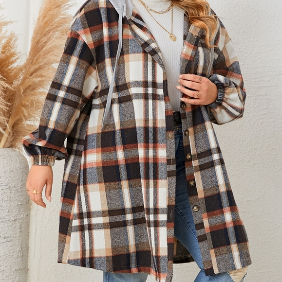 Plus Size Plaid Drop Shoulder Hooded Coat - Picture 1 of 3